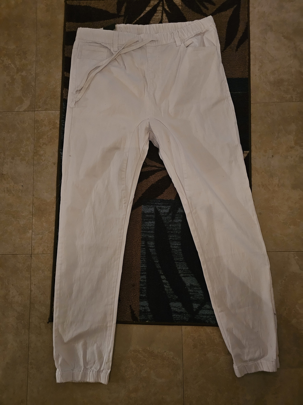 Men's White Drawstring Jogger Pants - Casual Elastic Waist